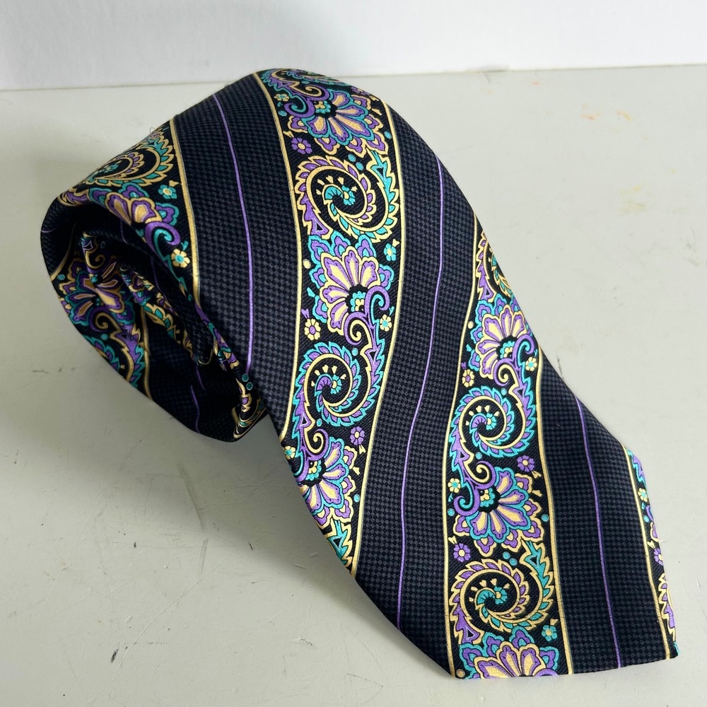 Robert Talbott Best of Class Silk Tie Black Purple Teal Paisley Floral Stripe
